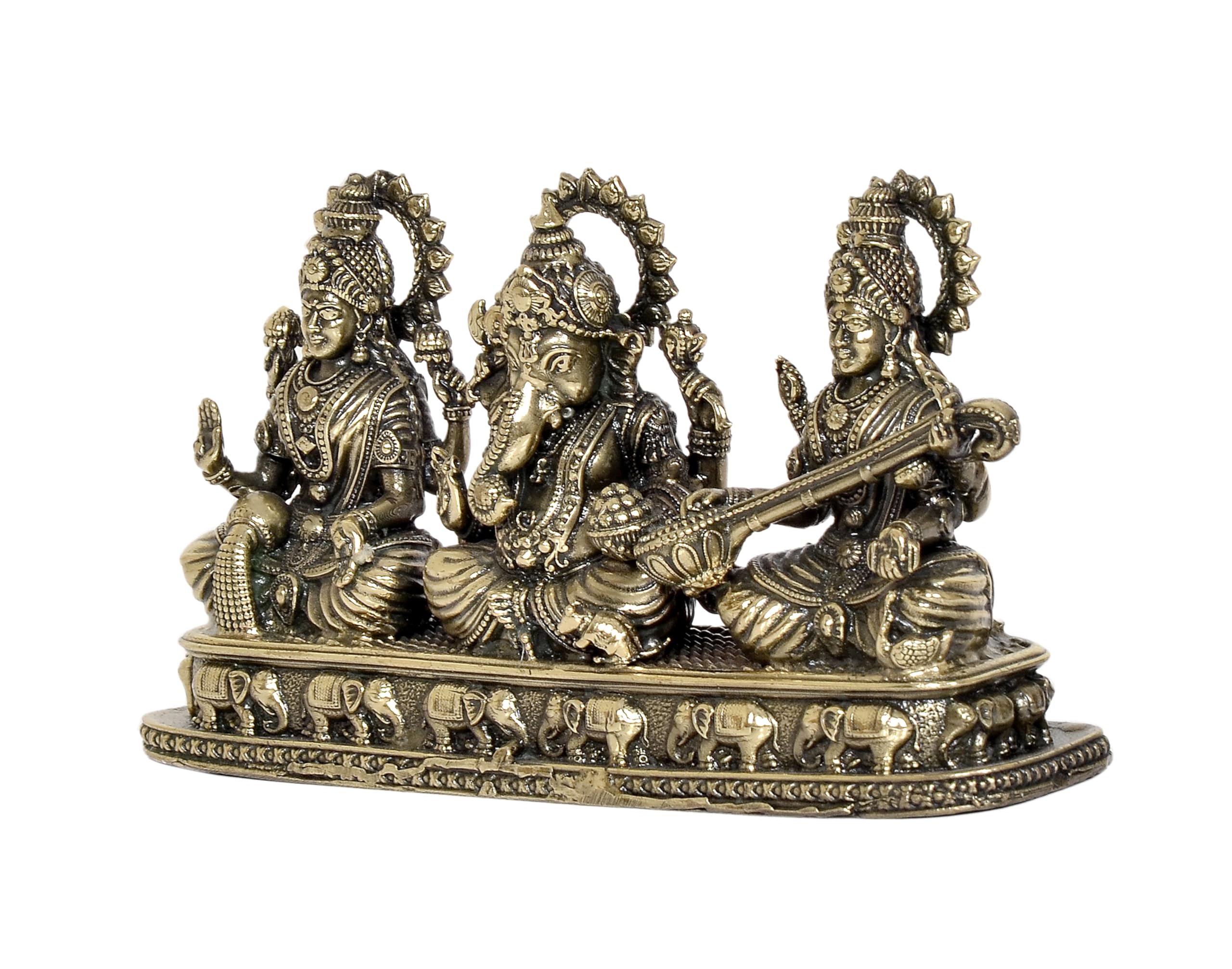 Dattatreya Fine Bronze Ganesha Laxmi Saraswati Idol Temple Murti Diwali Pooja Gift Decoration Showpiece (Height 3 Inch)